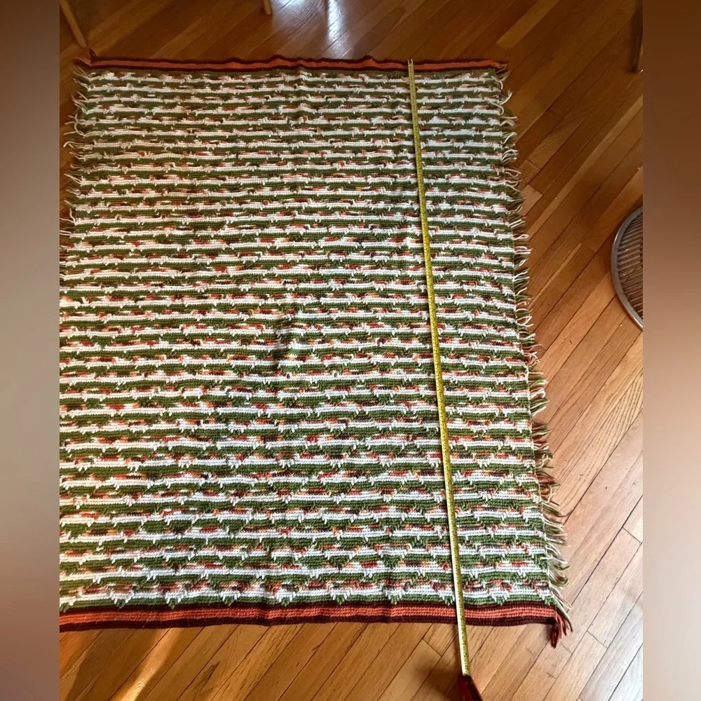 Handmade Cozy Striped Crochet Throw Blanket Green Orange &White 64” x 54” MCM